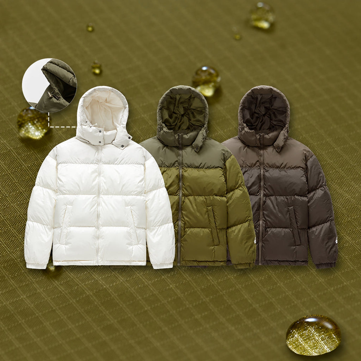 Set of hooded down puffer jackets in white, olive, walnut, and dark brown