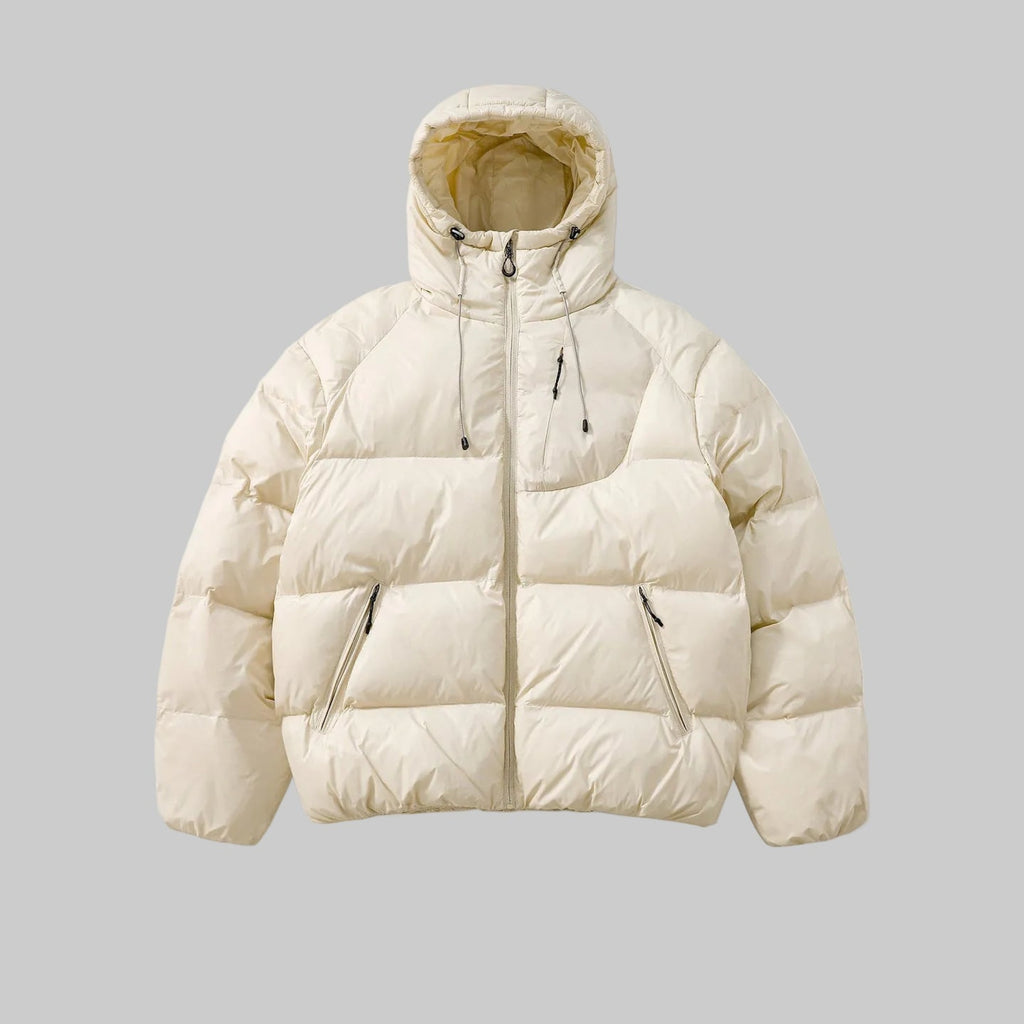 Hooded padded jacket in cream with zip front and two side pockets