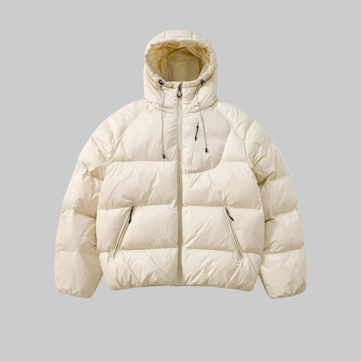 Hooded padded jacket in cream with zip front and two side pockets