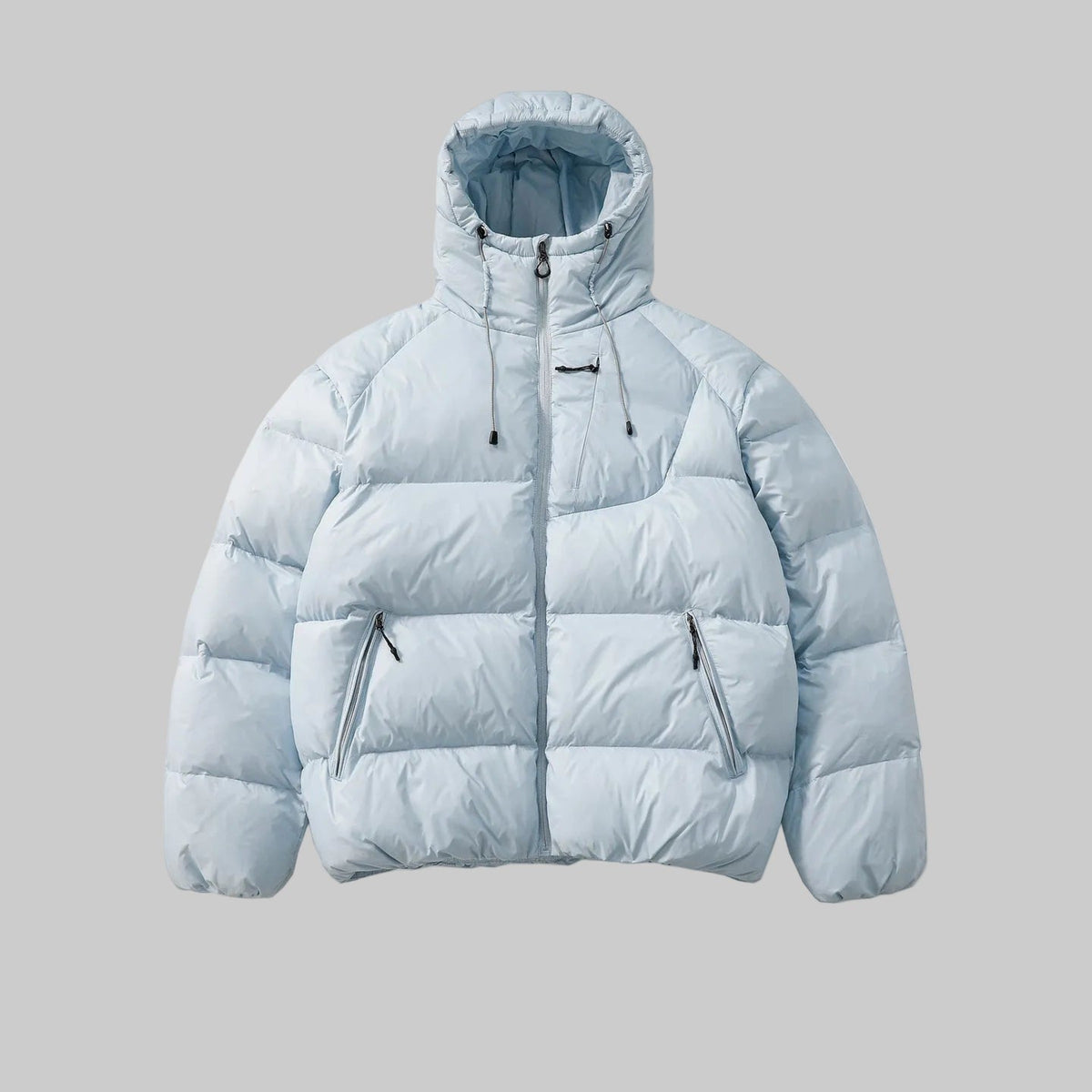 Hooded padded jacket in light blue with zip front and side pocket zips
