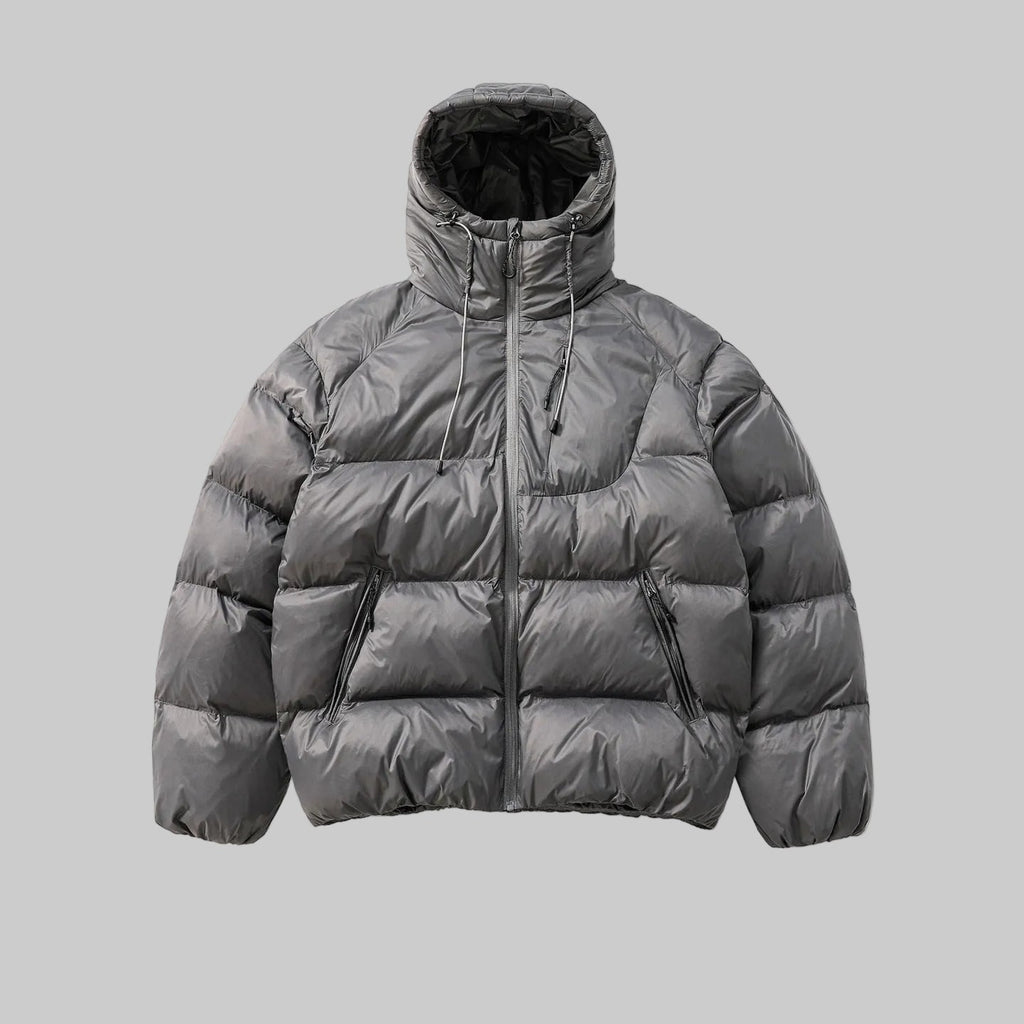 Hooded padded jacket in dark gray with zip front and side pocket zips