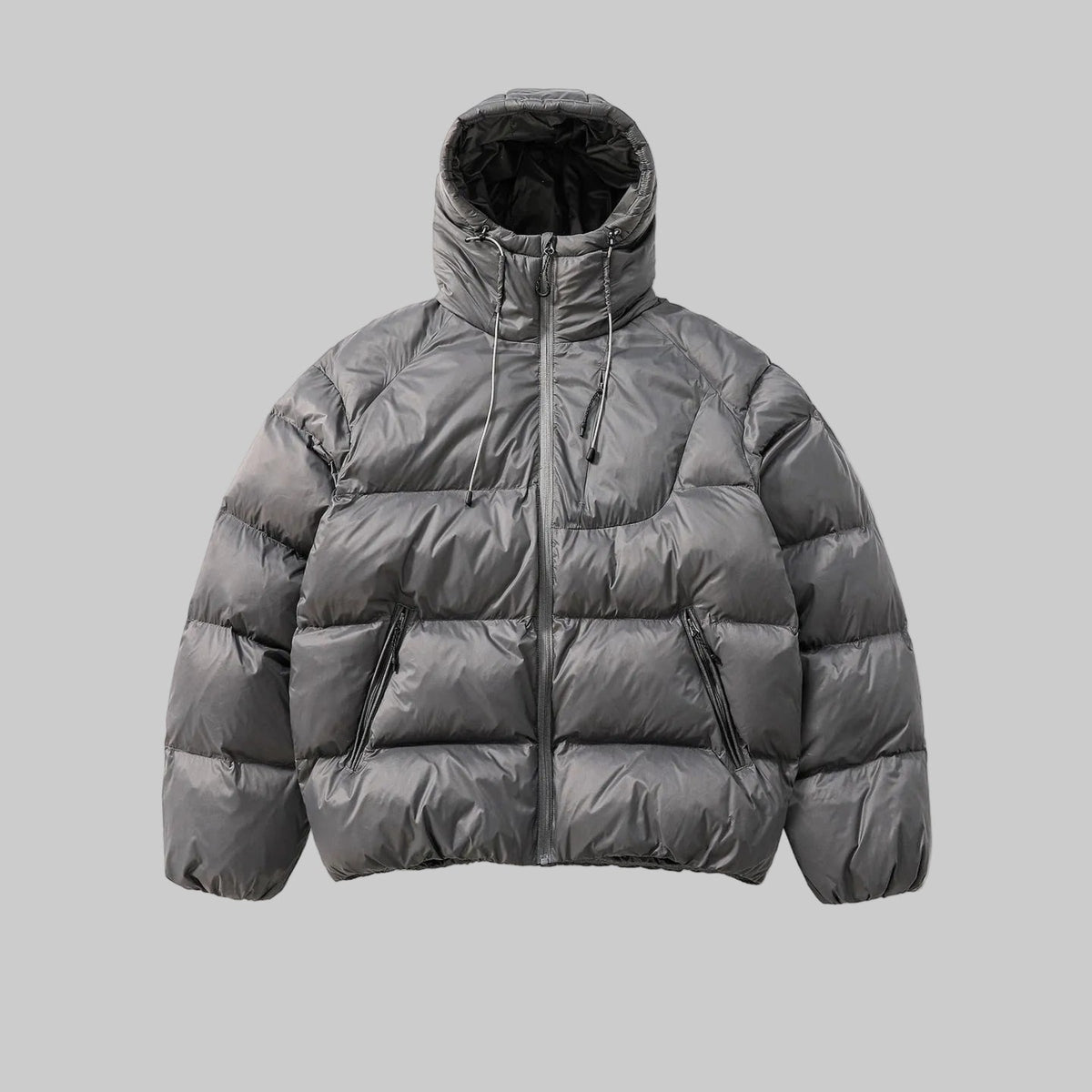 Hooded padded jacket in dark gray with zip front and side pocket zips