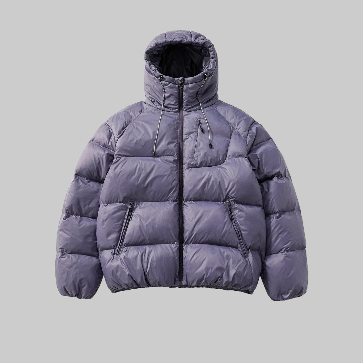 Hooded padded jacket in lavender with zip front and side pocket zips