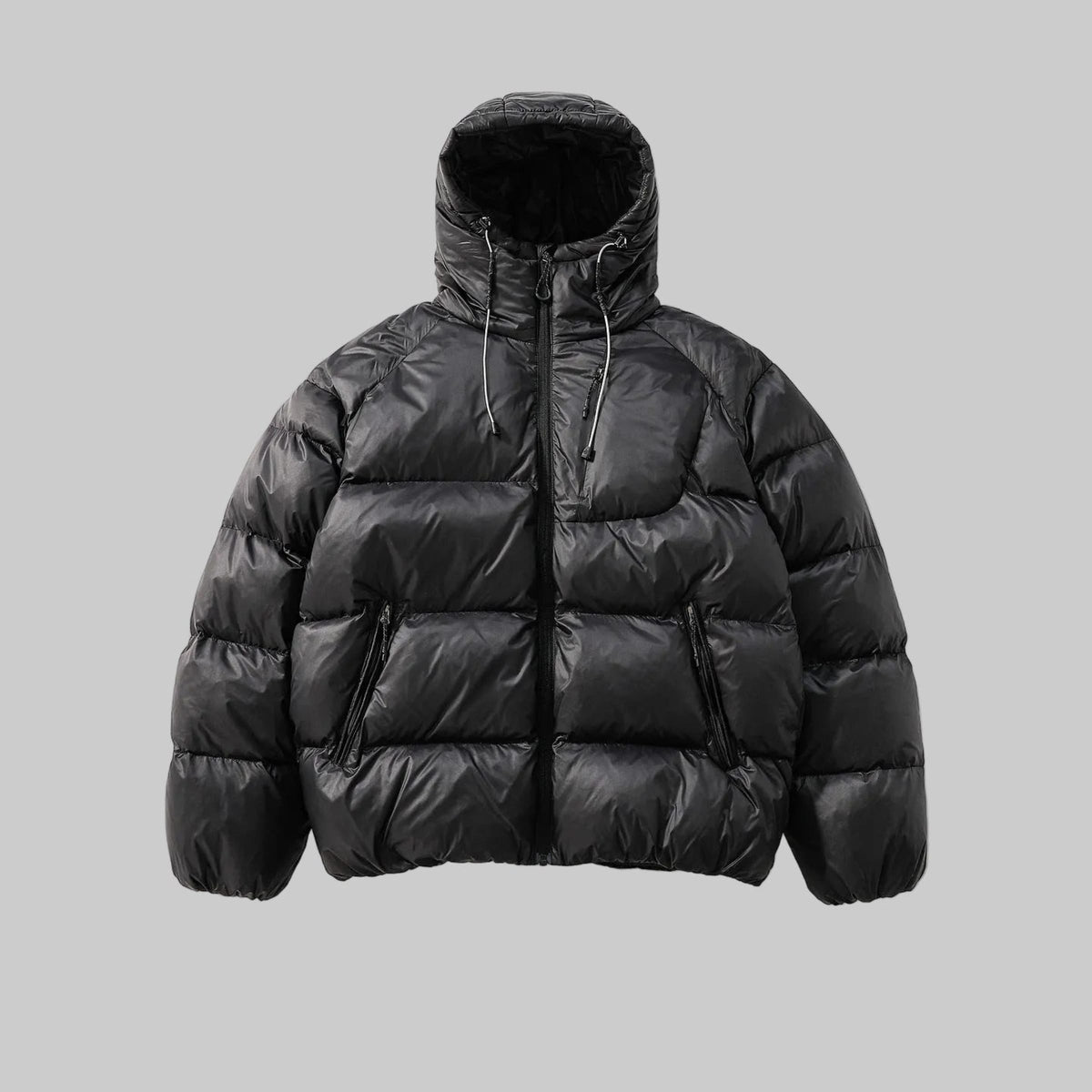 Hooded padded jacket in black with zip front and side pocket zips