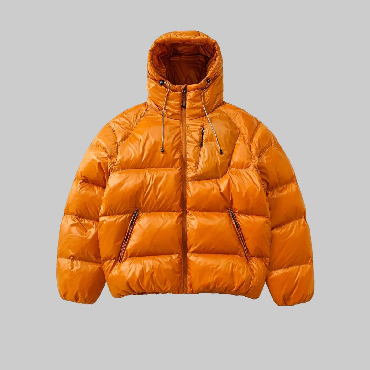 Hooded padded jacket in orange with zip front and two side pockets