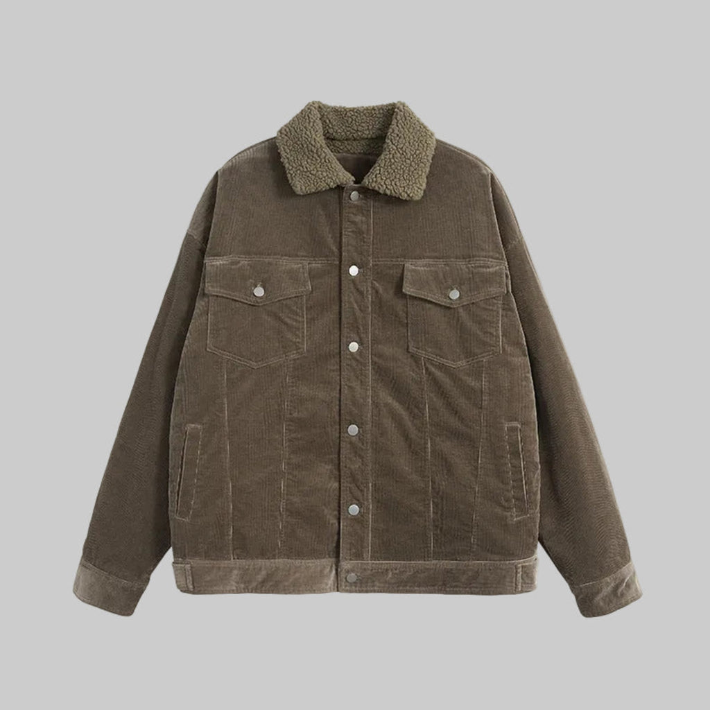 Olive corduroy coat with pointed collar, snap buttons, and chest pockets