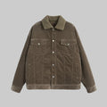 Olive corduroy coat with pointed collar, snap buttons, and chest pockets