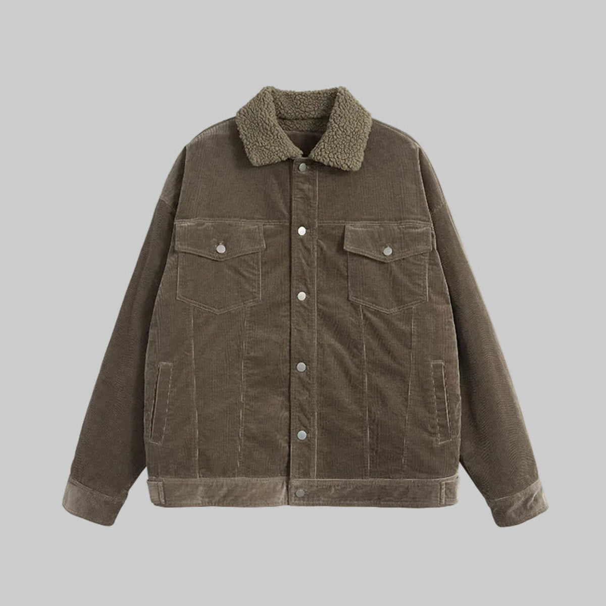 Olive corduroy coat with pointed collar, snap buttons, and chest pockets