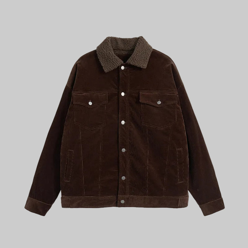 Walnut brown corduroy coat with pointed collar, snap buttons, and chest pockets