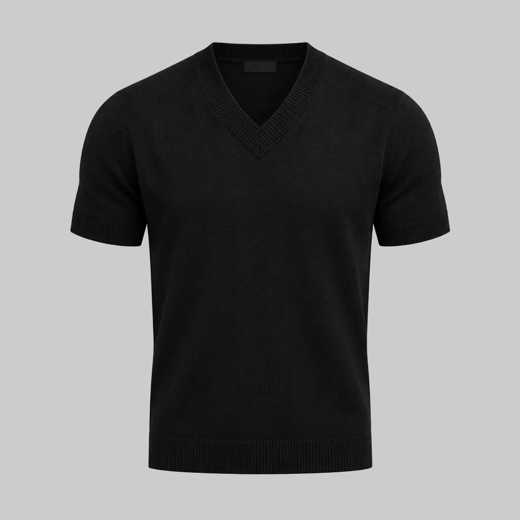 V-neck knit tee shirt with short sleeves and ribbed trim, solid black color