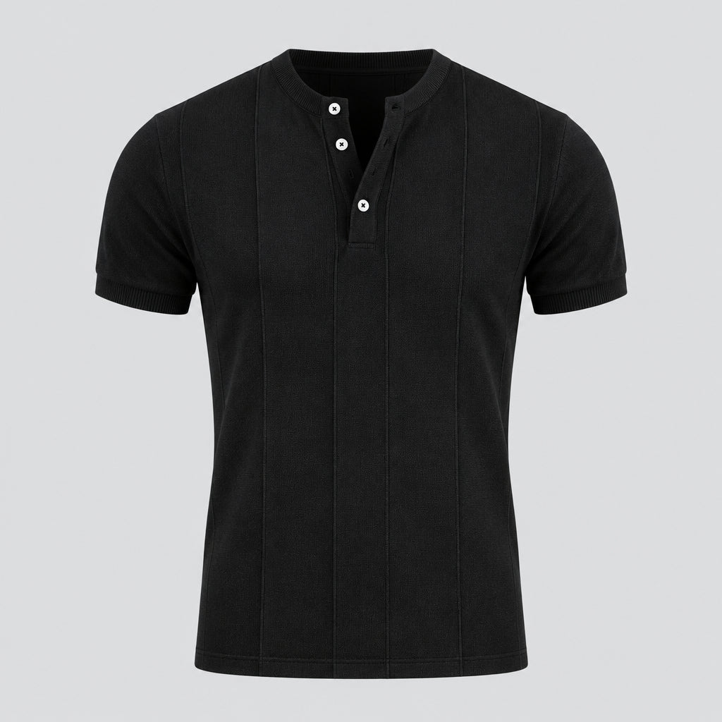Obsidian knit henley tee with short sleeves, ribbed collar, and button placket