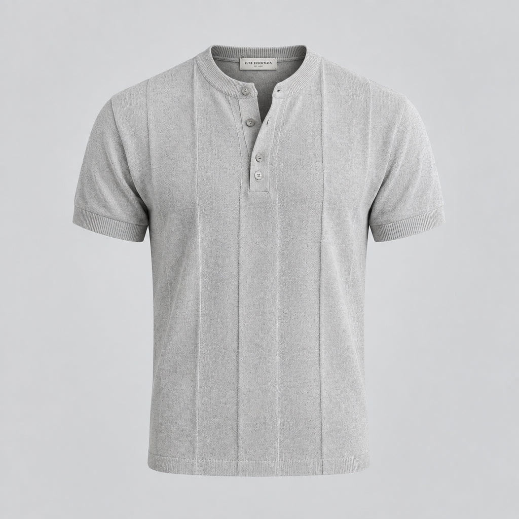 Ash knit henley tee with short sleeves, ribbed collar, and button placket