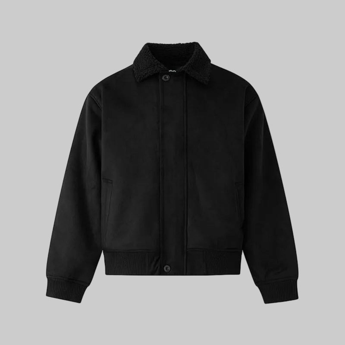 Black flight jacket with button-front, stand collar, and ribbed cuffs