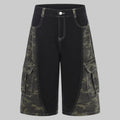 Wide-leg jeans with black front and camo patchwork side panels, cargo pockets