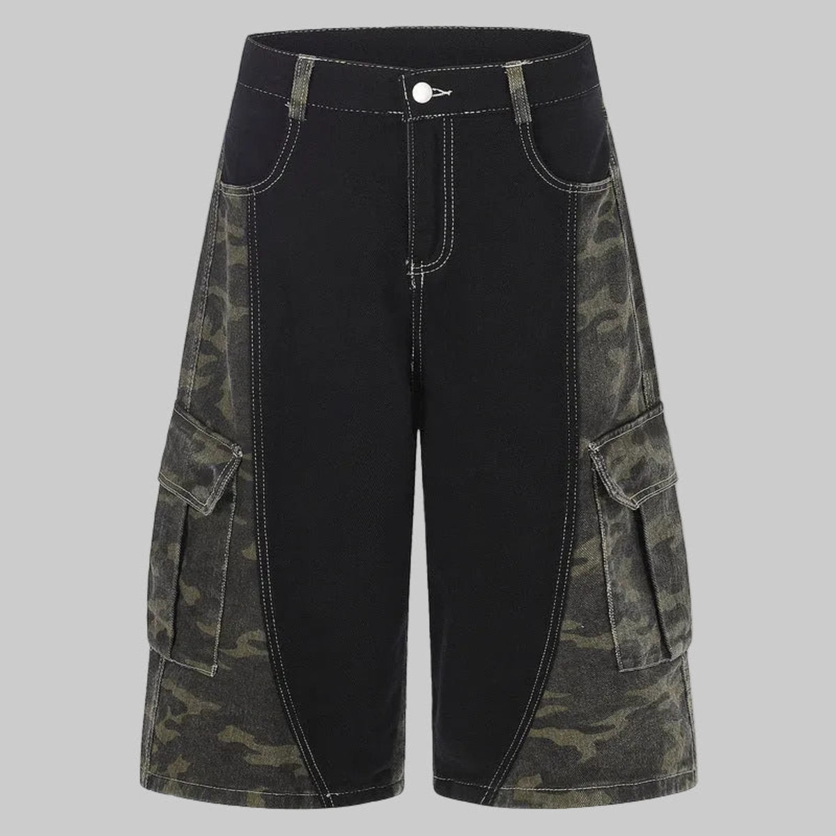 Wide-leg jeans with black front and camo patchwork side panels, cargo pockets