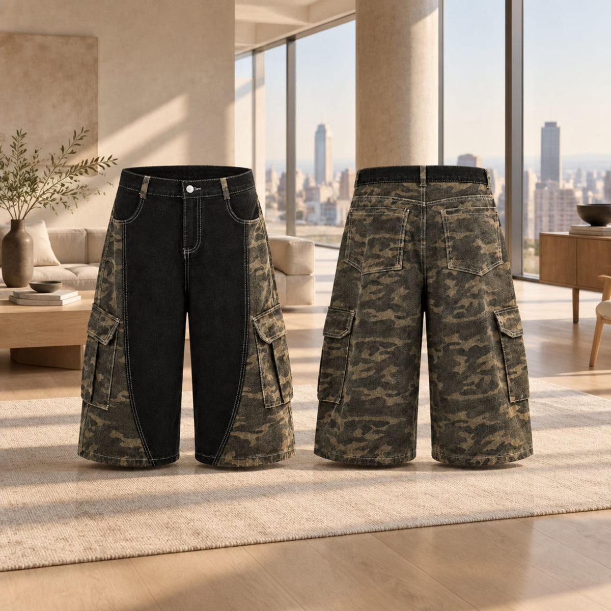 Patchwork wide-leg jeans in black and camo, front view with cargo-style pockets