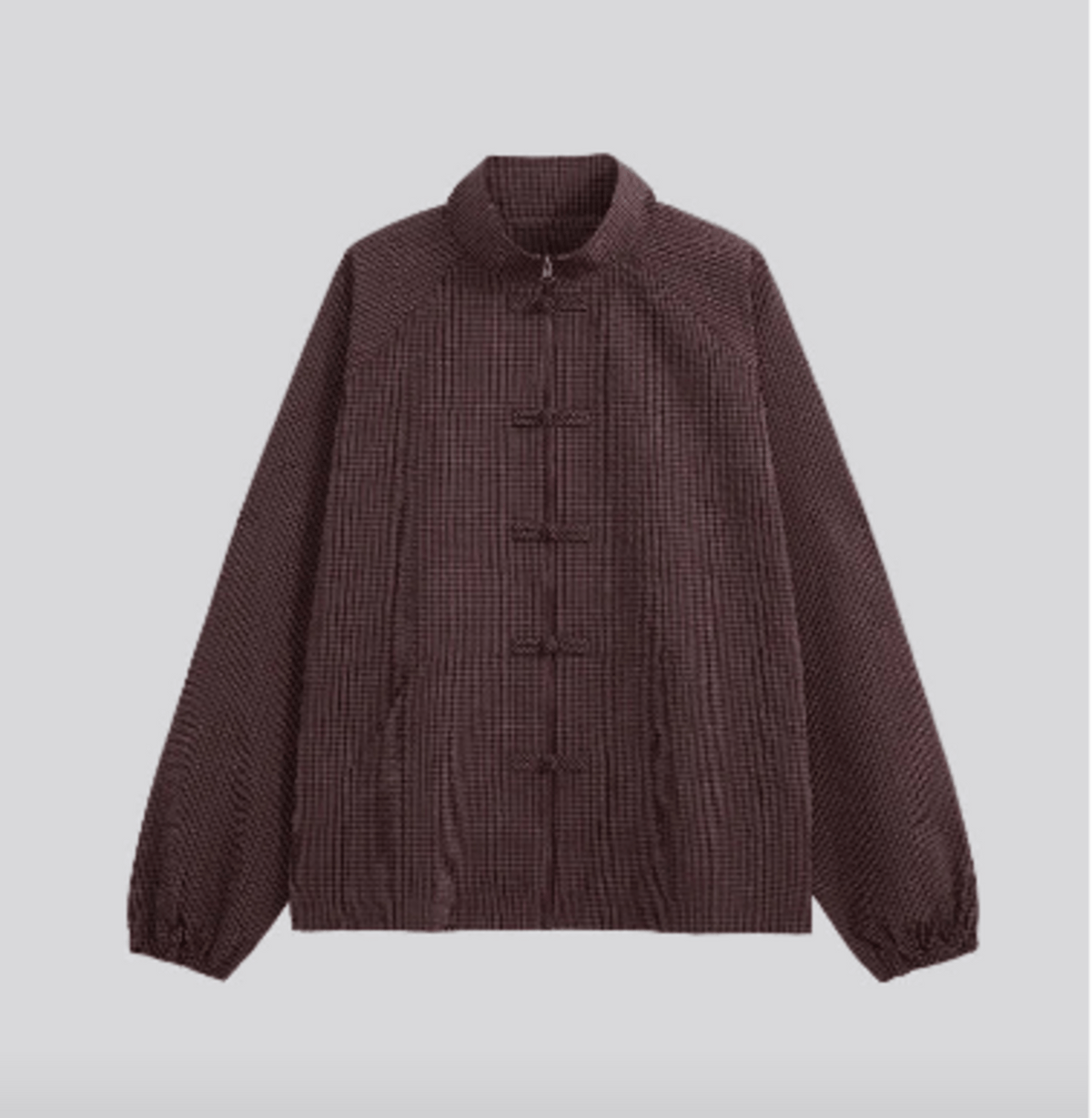 Men's plaid coach jacket in dark brown with stand collar and button placket