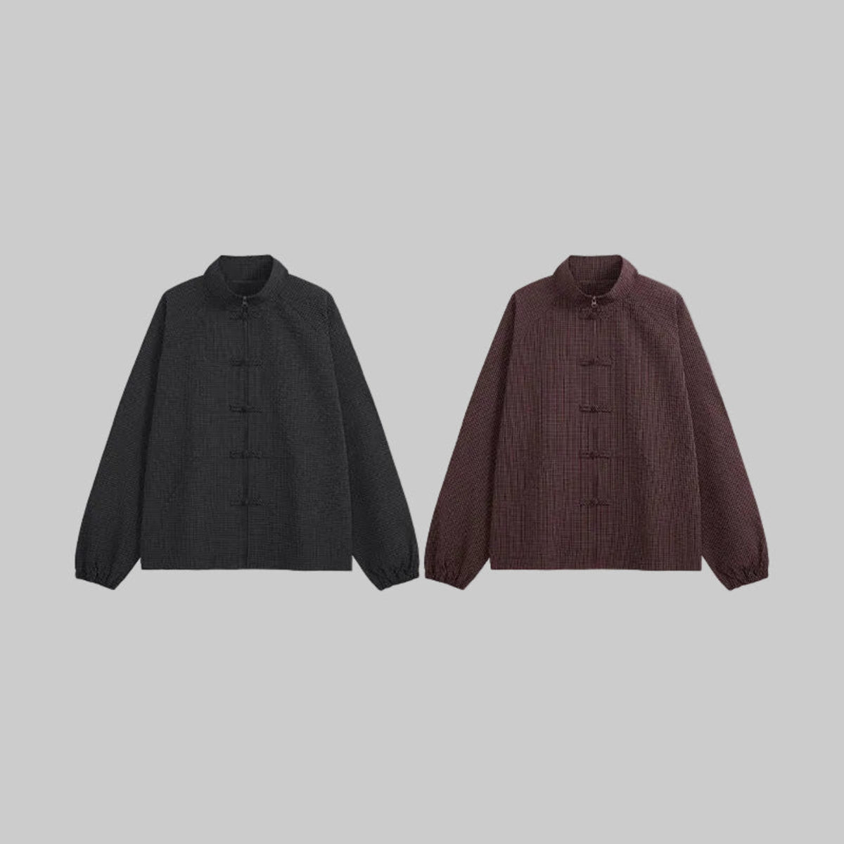 Plaid coach jackets pair: dark and burgundy, stand collar, button-front