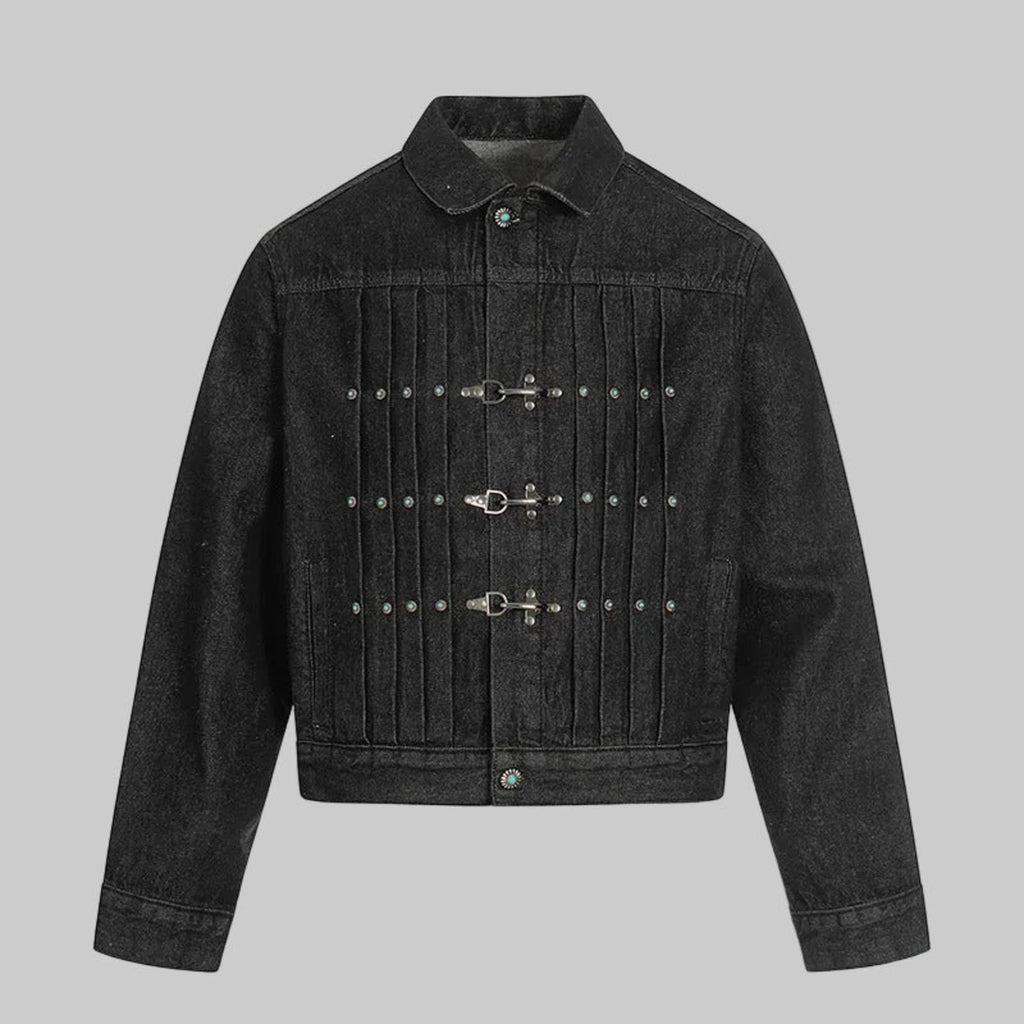 Obsidian dark denim pleated jacket with front button placket and metal snap details