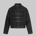 Obsidian dark denim pleated jacket with front button placket and metal snap details