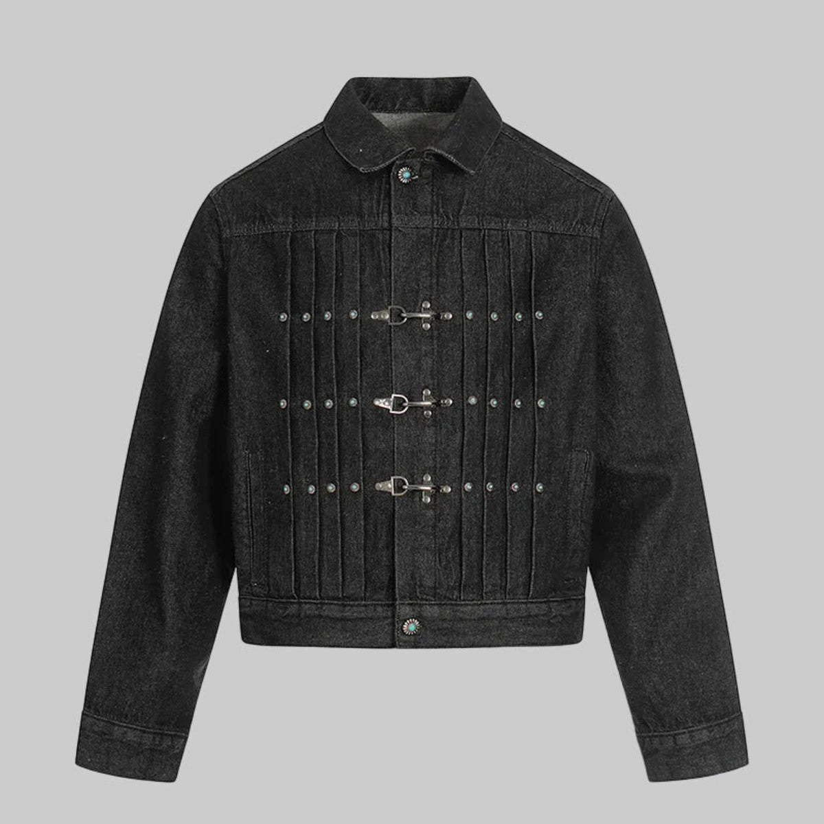 Obsidian dark denim pleated jacket with front button placket and metal snap details