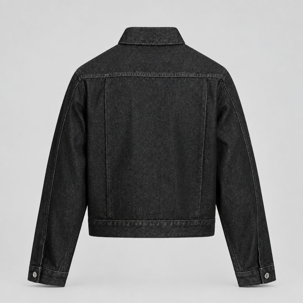 Obsidian dark denim pleated jacket back view with buttoned cuffs