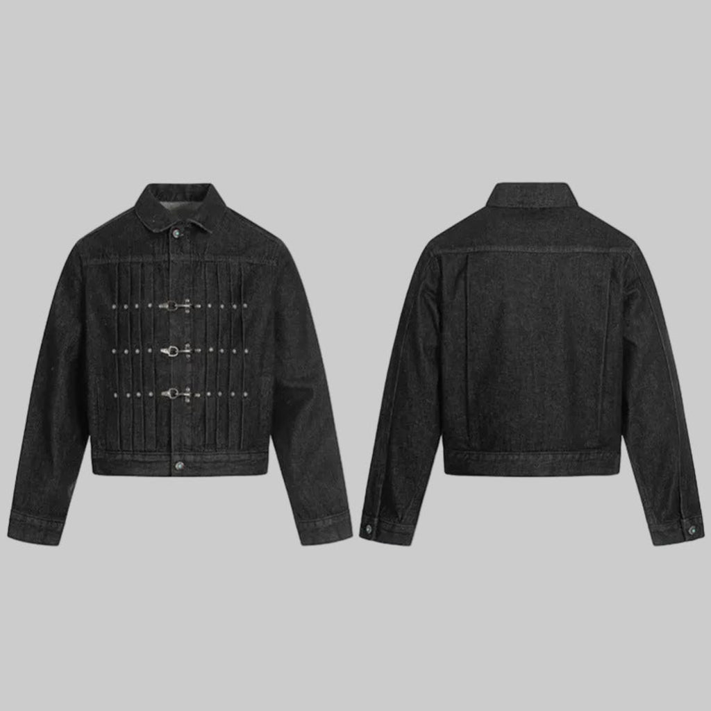 Obsidian dark denim pleated jacket front and back views with metal snap detailing