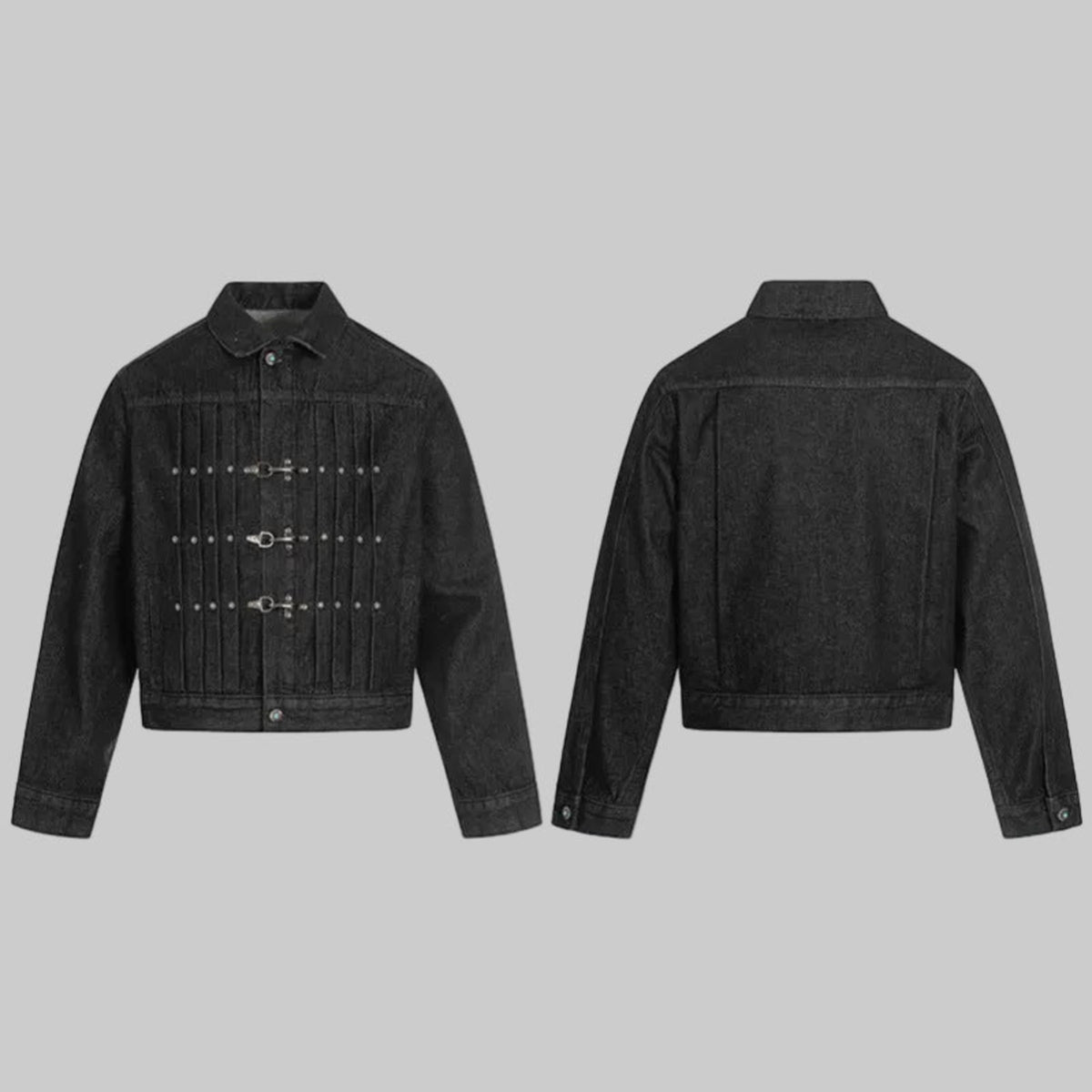 Obsidian dark denim pleated jacket front and back views with metal snap detailing