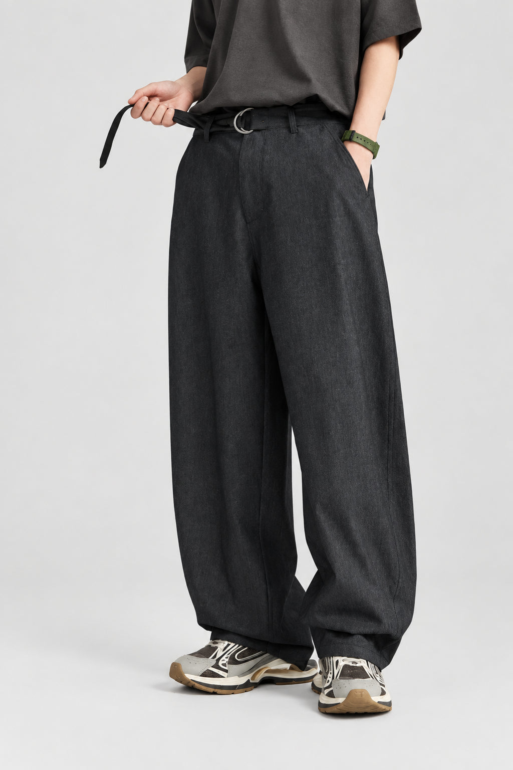 Relaxed tapered jeans with drawstring waist and roomy wide legs, dark charcoal