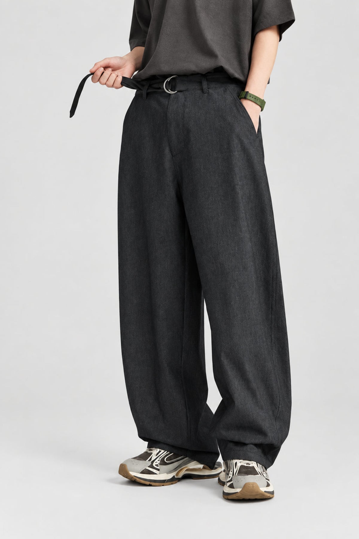 Relaxed tapered jeans with drawstring waist and roomy wide legs, dark charcoal