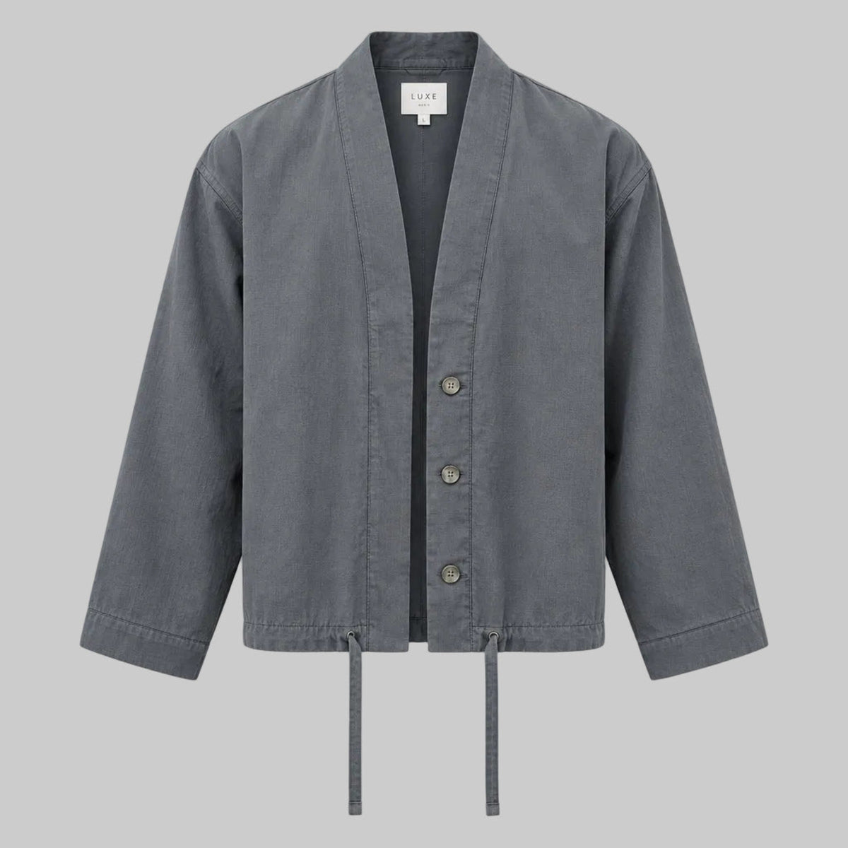Charcoal relaxed utility jacket with button front, stand collar, drawstring hem