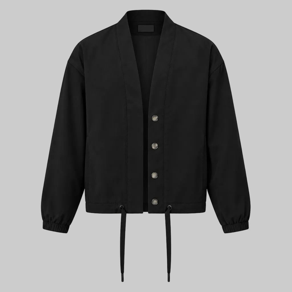 Obsidian relaxed utility jacket with snap-button placket and drawstring hem ties