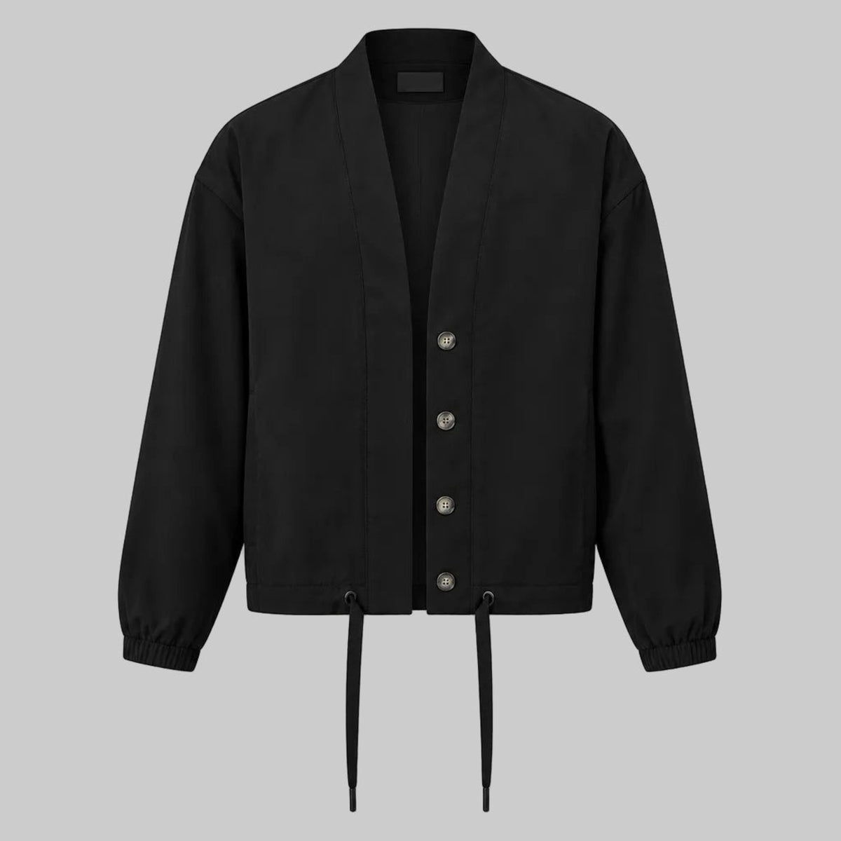 Obsidian relaxed utility jacket with snap-button placket and drawstring hem ties