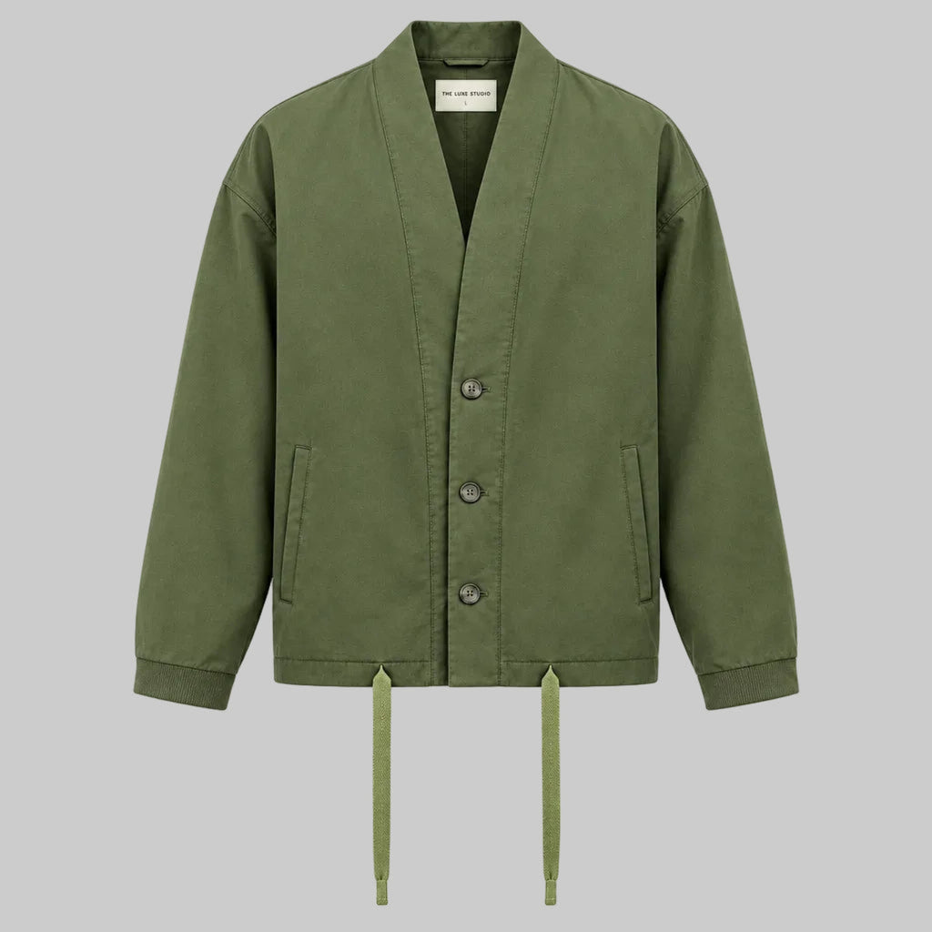 Olive relaxed utility jacket with button front, side pockets, drawstring hem ties