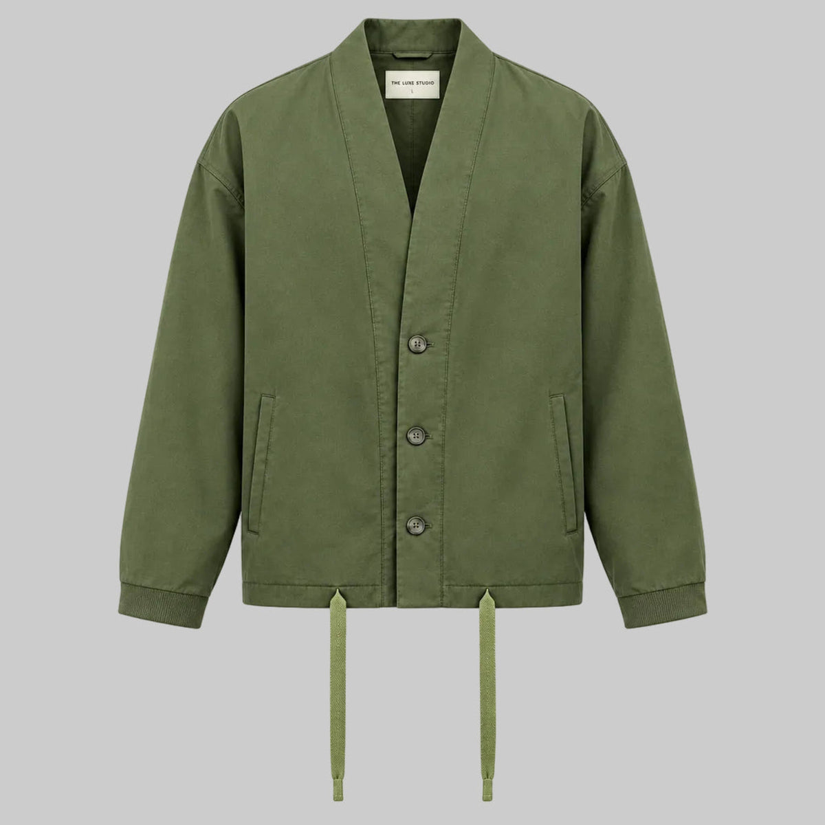 Olive relaxed utility jacket with button front, side pockets, drawstring hem ties