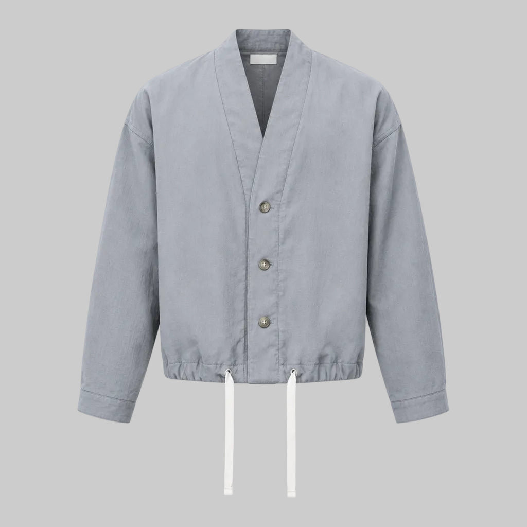 Ash relaxed utility jacket with button front, V-collar, drawstring hem pulls