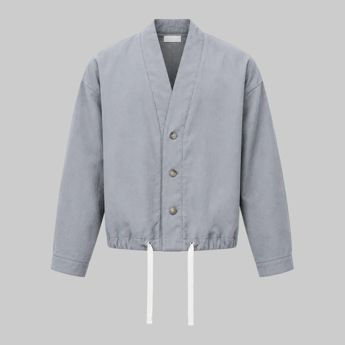Ash relaxed utility jacket with button front, V-collar, drawstring hem pulls