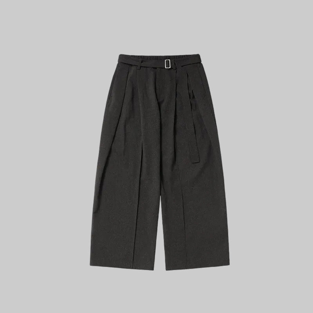 Charcoal relaxed wide-leg trousers with belt buckle, pleats, and side tie