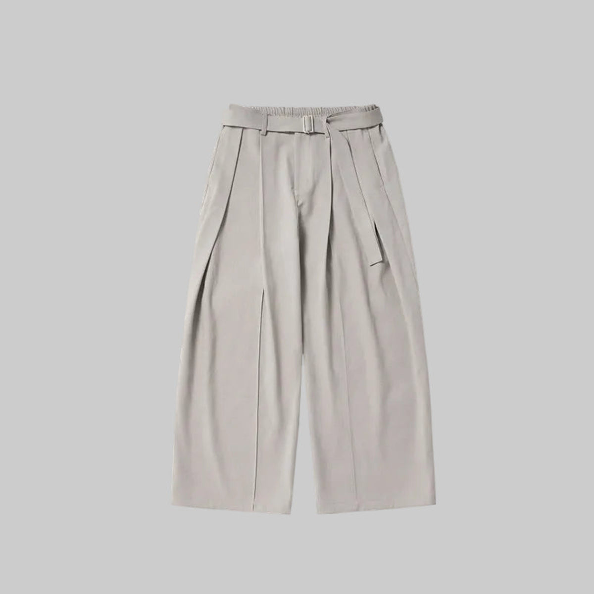 Pale ash relaxed wide-leg trousers with belt buckle, pleats, and side tie