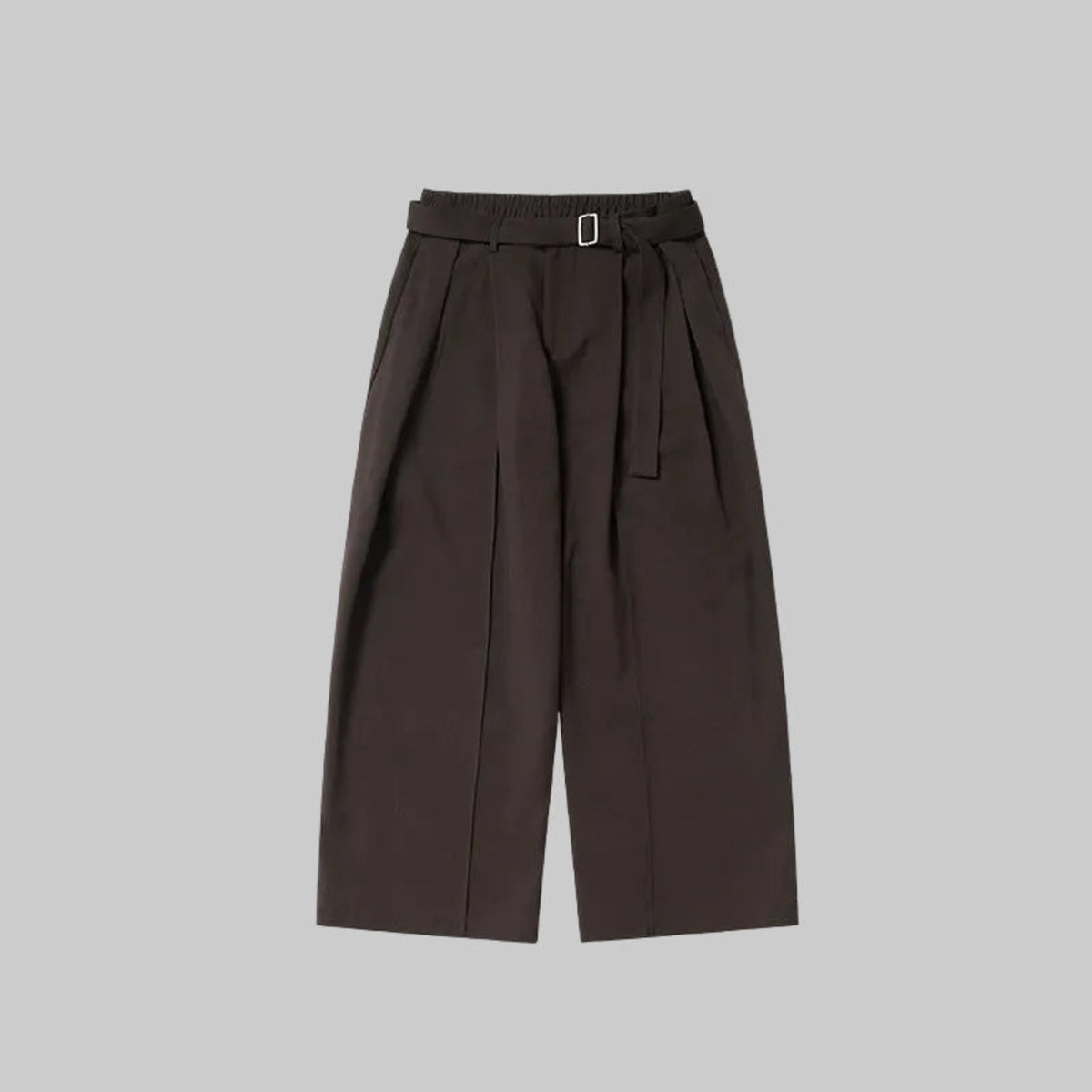 Walnut relaxed wide-leg trousers with belt buckle, pleats, and side tie