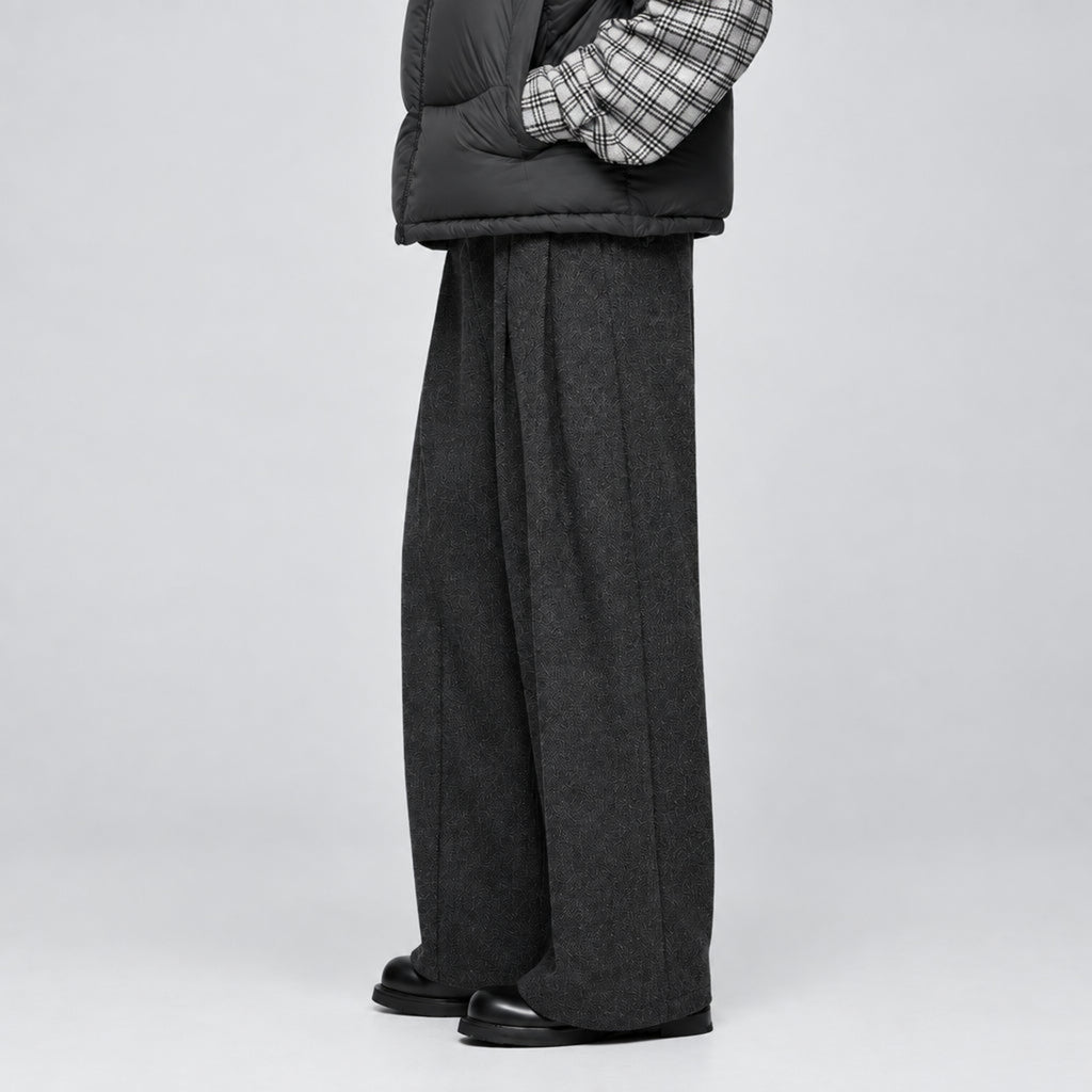 Charcoal wide-leg trousers with belt buckle and side tie detail
