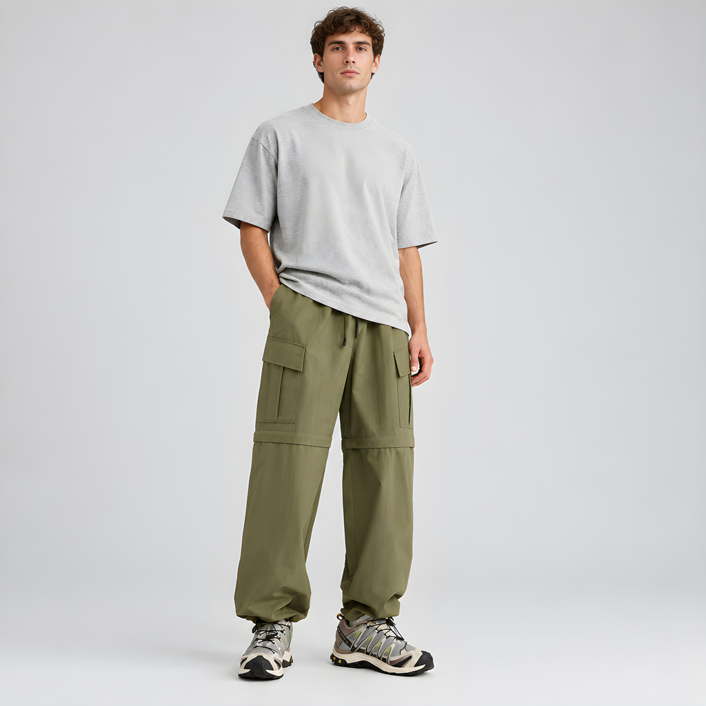 Olive detachable cargo trousers with relaxed fit and flap cargo pockets on legs