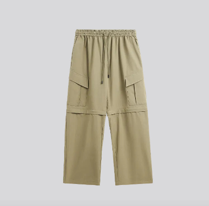 Beige cargo trousers with elastic drawstring waist and flap side pockets