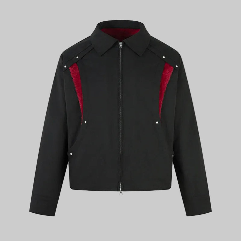 Obsidian shearling panel fleece jacket with red shearling inserts, zip-front