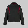 Obsidian shearling panel fleece jacket with red shearling inserts, zip-front