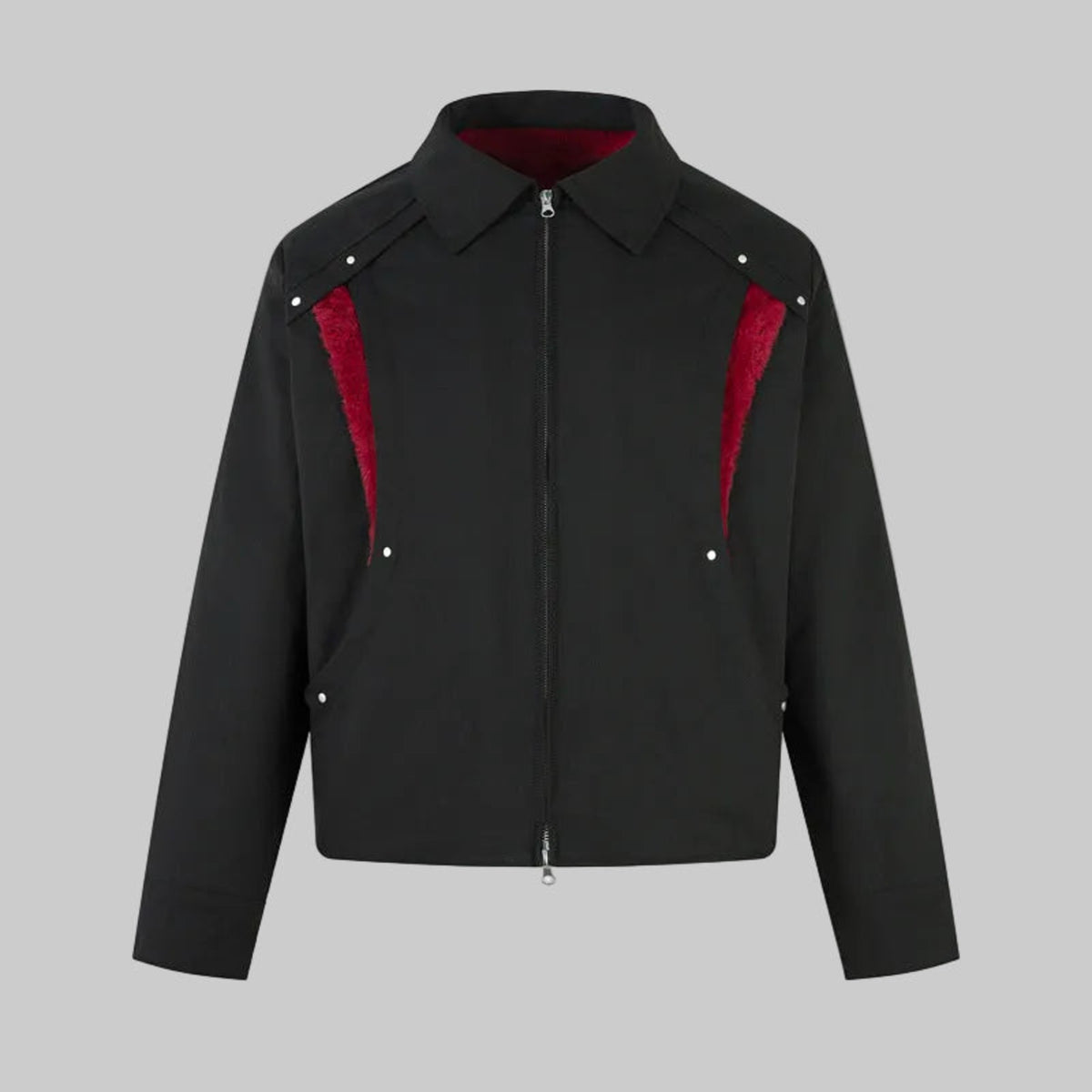 Obsidian shearling panel fleece jacket with red shearling inserts, zip-front