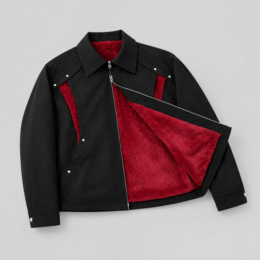 Obsidian shearling panel fleece jacket with red shearling lining, zip closure