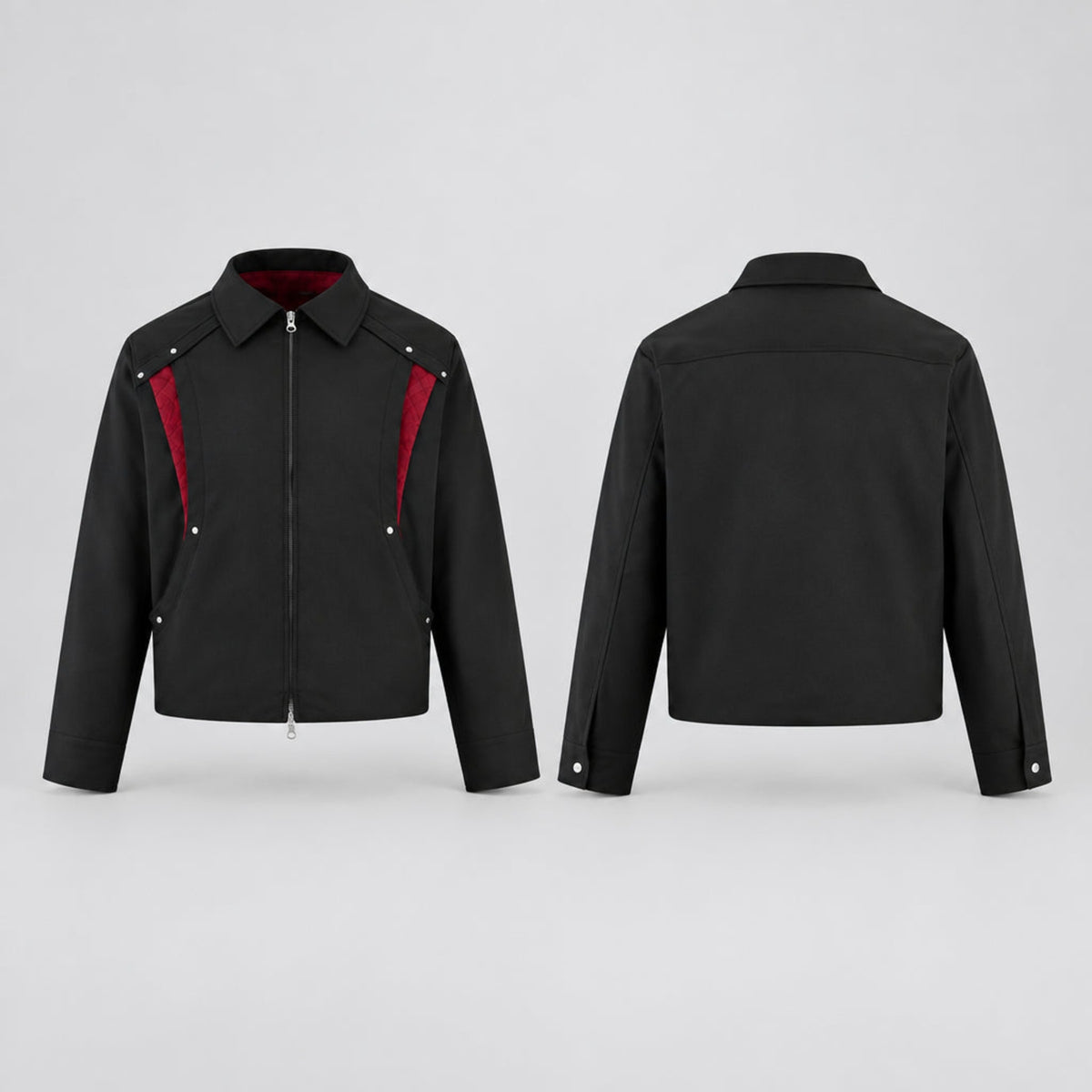 Obsidian shearling panel fleece jacket shown front and back with red accents