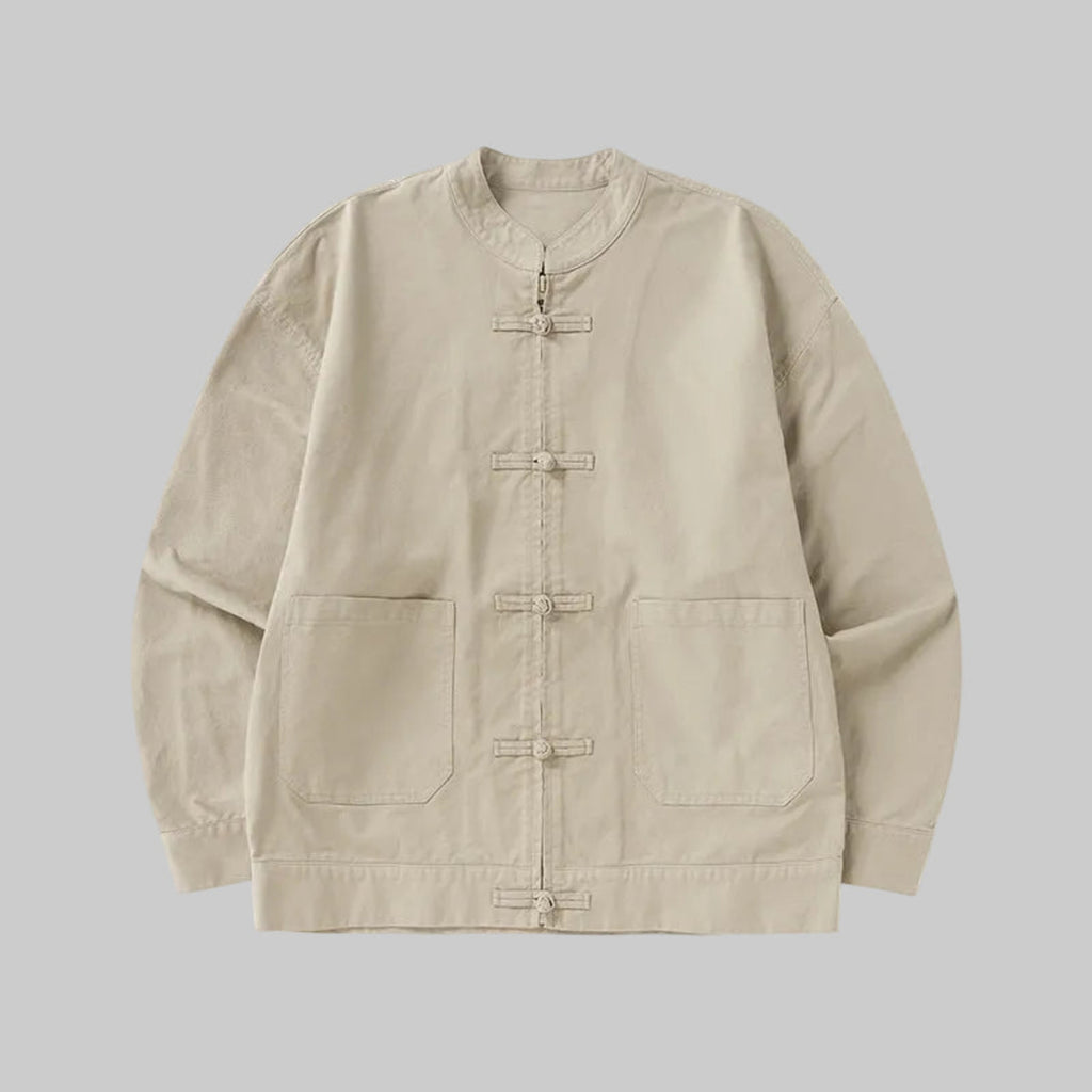 Camel twill utility zip jacket with stand collar and four-button placket
