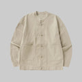 Camel twill utility zip jacket with stand collar and four-button placket